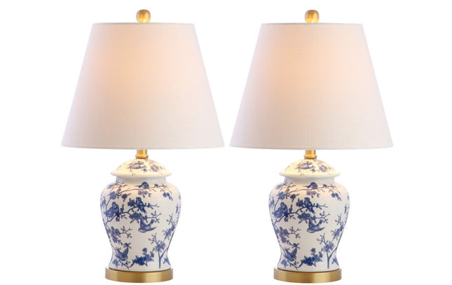 Set of Two 22" White Blue And Gold Urn Table Lamps With Empire Shades HomeRoots