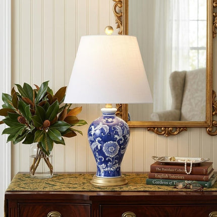 24" Blue Gold And White Urn Bedside Lamp With Empire Shade HomeRoots