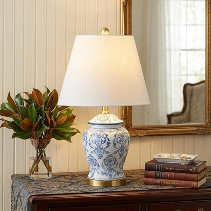 22" White Blue And Gold Urn Table Lamp With Empire Shade HomeRoots