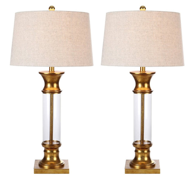 Set of Two 32" Gold Novelty Table Lamps With Drum Shades HomeRoots