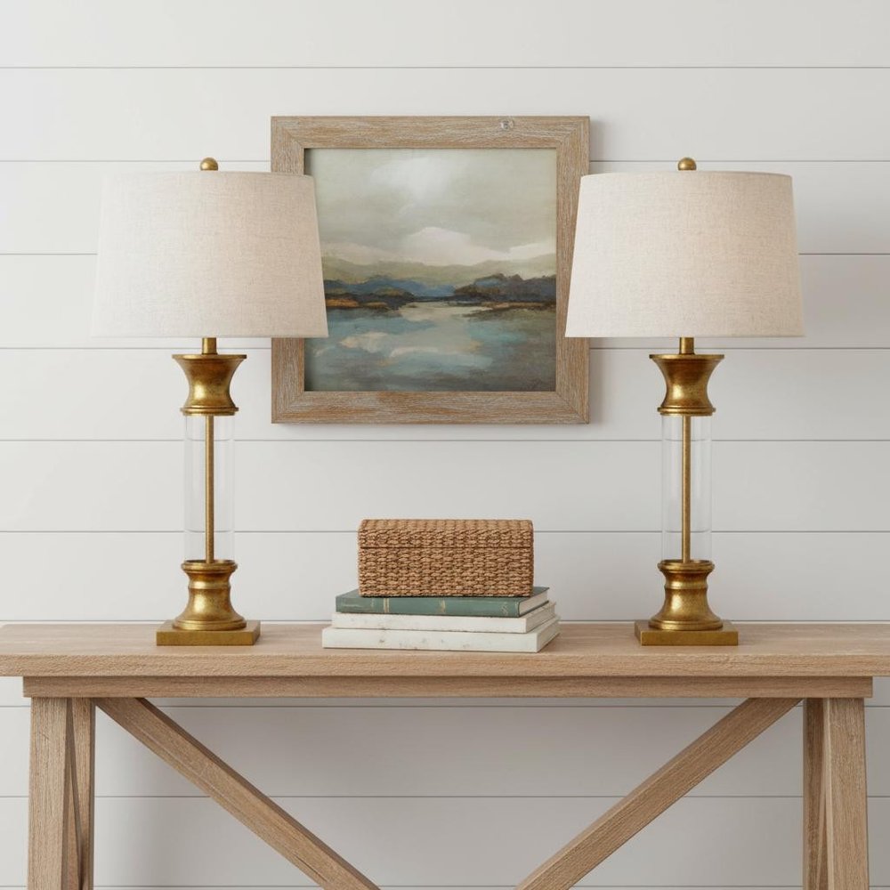 Set of Two 32" Gold Novelty Table Lamps LED With Drum Shades