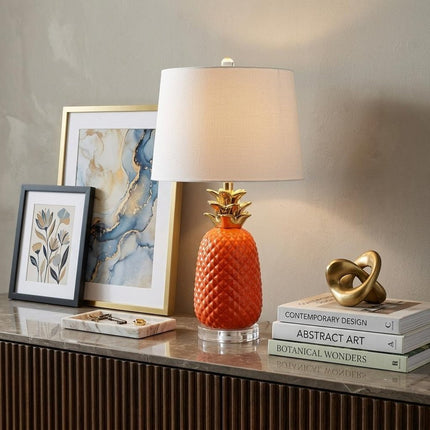 23" Orange Gold And Clear Ceramic And Acrylic Pineapple Table Lamp With Drum Shade HomeRoots