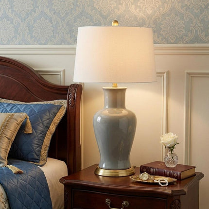 29" Gray And Gold Urn Bedside Lamp With Drum Shade HomeRoots