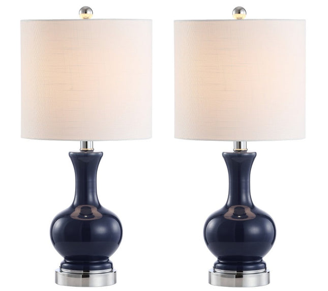 Set of Two 22" Navy Blue And Silver Gourd Bedside Lamps With Drum Shades HomeRoots