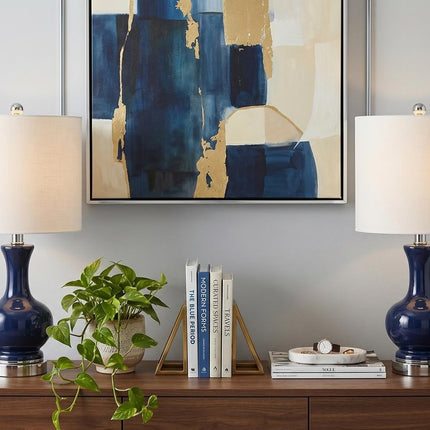 Set of Two 22" Navy Blue And Silver Gourd Bedside Lamps With Drum Shades HomeRoots