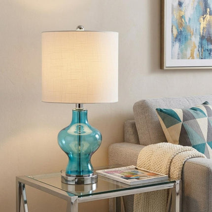 21" Aqua And Silver Novelty Bedside Lamp With Drum Shade HomeRoots