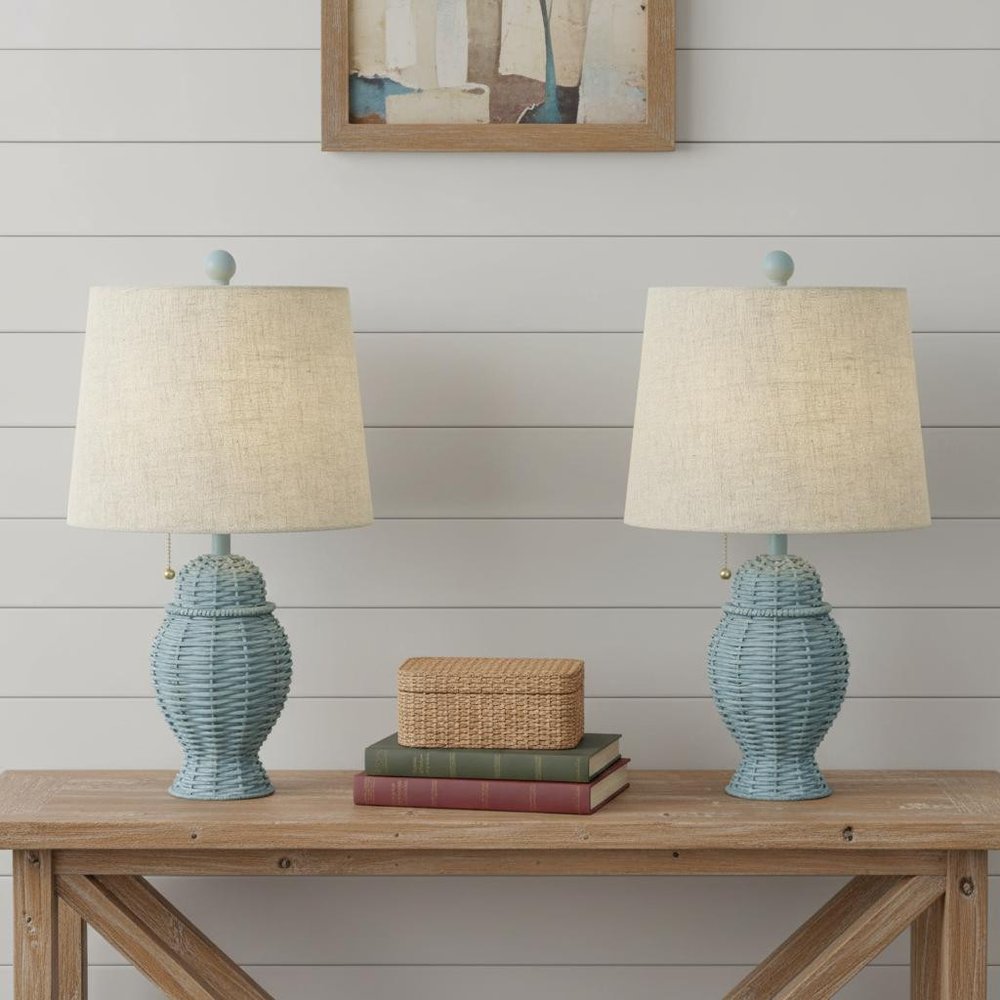 Set of Two 21" Blue Urn Table Lamps LED With Empire Shades