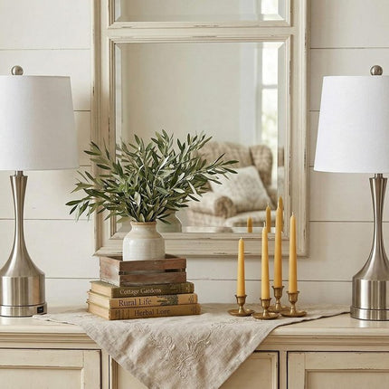 Set of Two 26" Nickel Novelty Table Lamps With Empire Shades HomeRoots