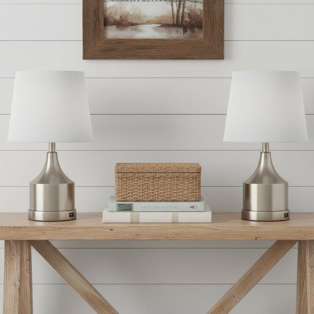 Set of Two 26" Nickel Novelty Table Lamps LED With Empire Shades