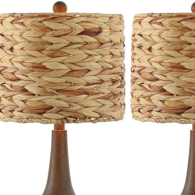 Set of Two 21" Dark Brown Gourd Bedside Lamps With Drum Shades HomeRoots