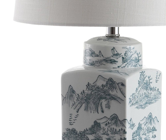 25" Blue And White Table Lamp With Drum Shade