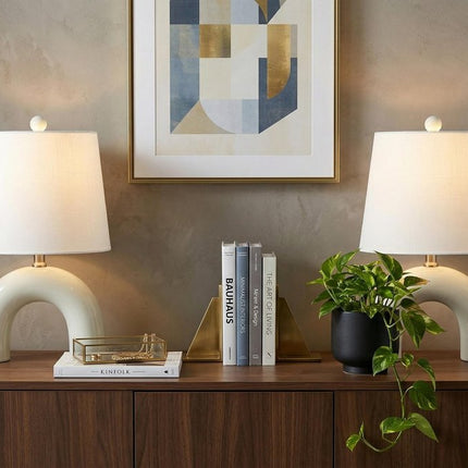 Set of Two 18" White Geometric Arched Lamps With Empire Shades HomeRoots