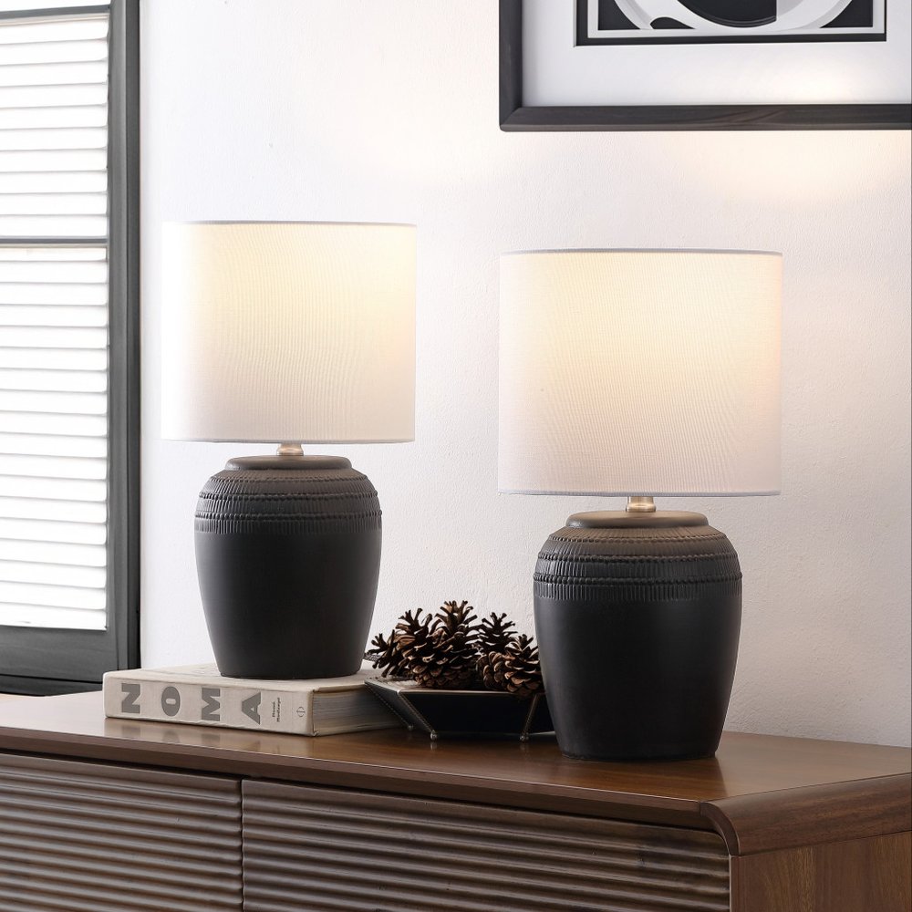 Set of Two 17" Clear Gourd Table Lamps LED With Drum Shades