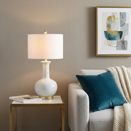 27" White And Gold Novelty Table Lamp With Drum Shade HomeRoots