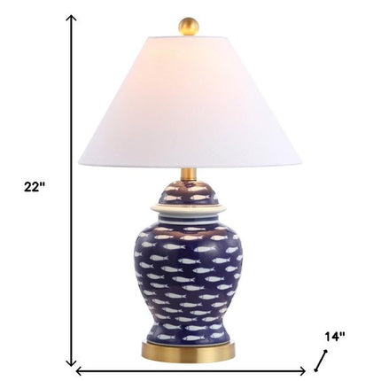 22" Navy Blue White And Gold Urn Table Lamp With Empire Shade HomeRoots