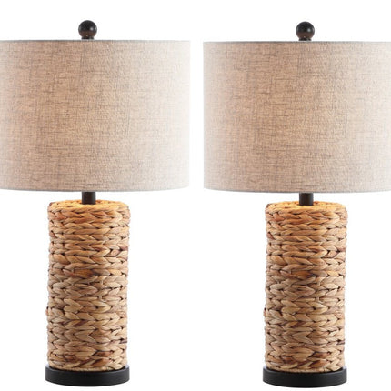 Set of Two 25" Natural And Black Bedside Lamps With Drum Shades HomeRoots