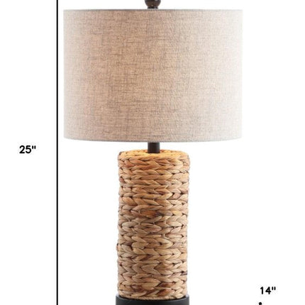 Set of Two 25" Natural And Black Bedside Lamps With Drum Shades HomeRoots
