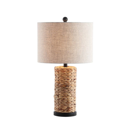 Set of Two 25" Natural And Black Bedside Lamps With Drum Shades HomeRoots