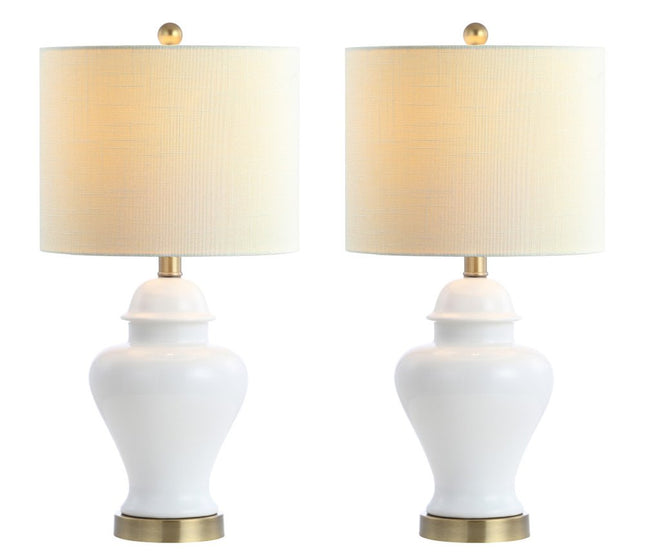 Set of Two 22" White And Gold Urn Bedside Lamps With Drum Shades HomeRoots