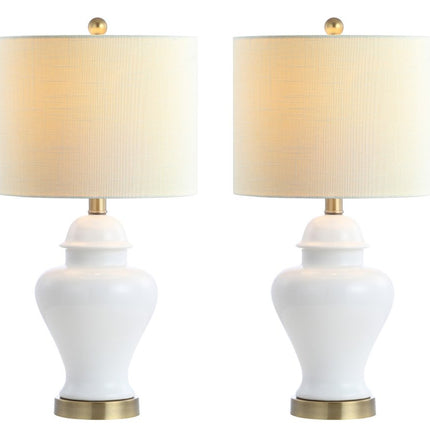Set of Two 22" White And Gold Urn Bedside Lamps With Drum Shades HomeRoots