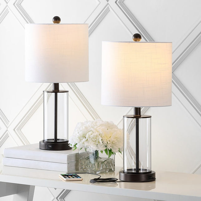 Set of Two 21" Antiqued Bronze USB Table Lamps With Drum Shades HomeRoots