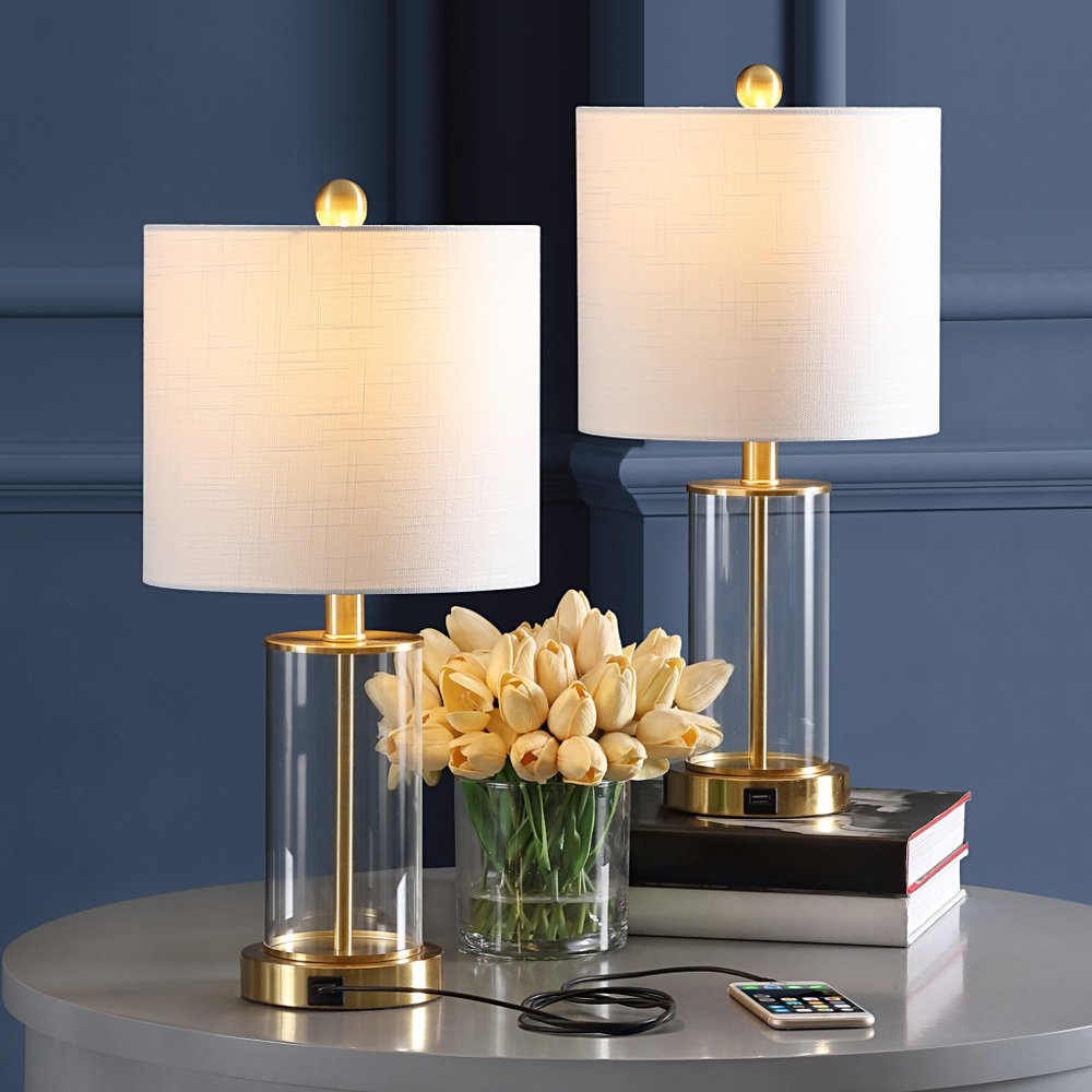 Set of Two 21" Gold USB Table Lamps LED With Drum Shades