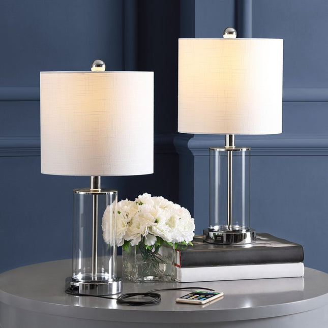 Set of Two 21" Silver USB Table Lamps With Drum Shades HomeRoots