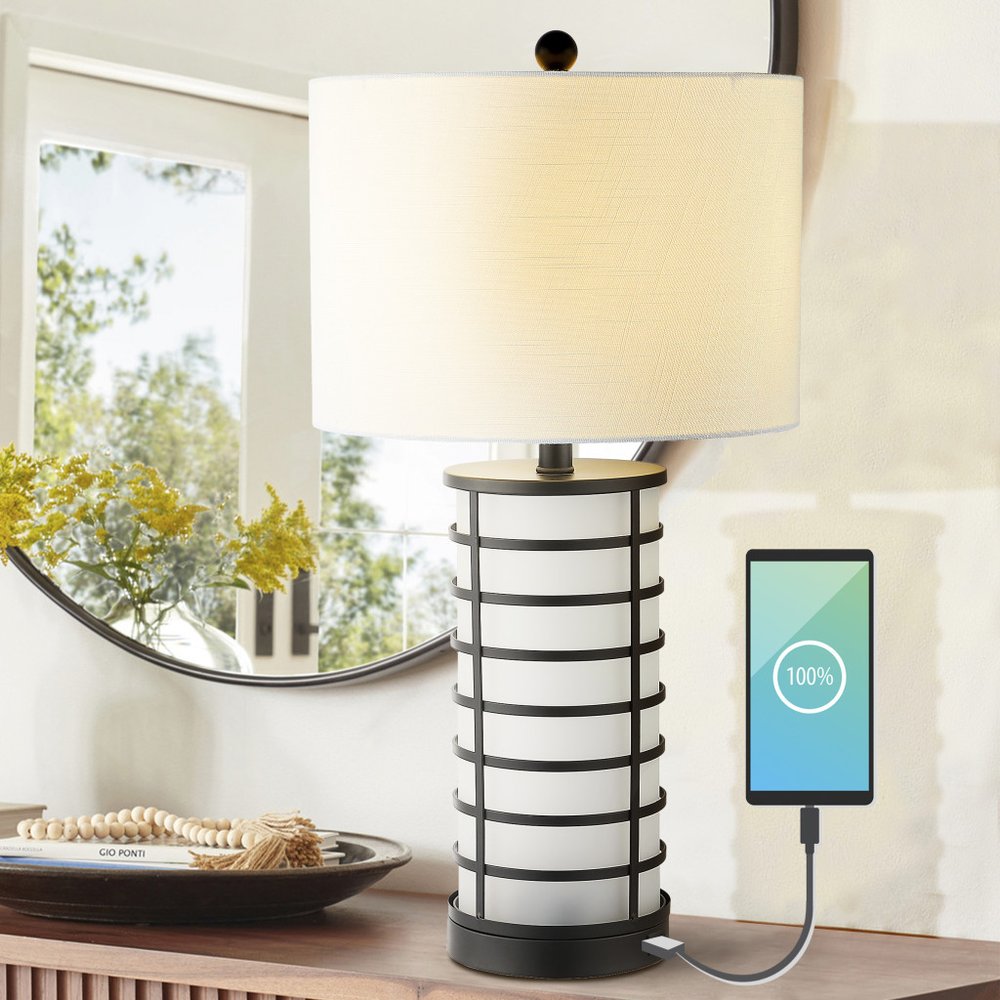 27" Black USB Table Lamp LED With Drum Shade