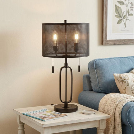 27" Antiqued Bronze Novelty Table Lamp With Drum Shade HomeRoots