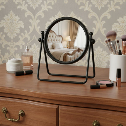 10" Black Metal Round Framed Adjustable Makeup Shaving Tabletop Mirror HomeRoots