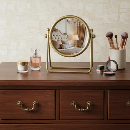 10" Gold Metal Round Tilting Framed Makeup Shaving Tabletop Mirror HomeRoots