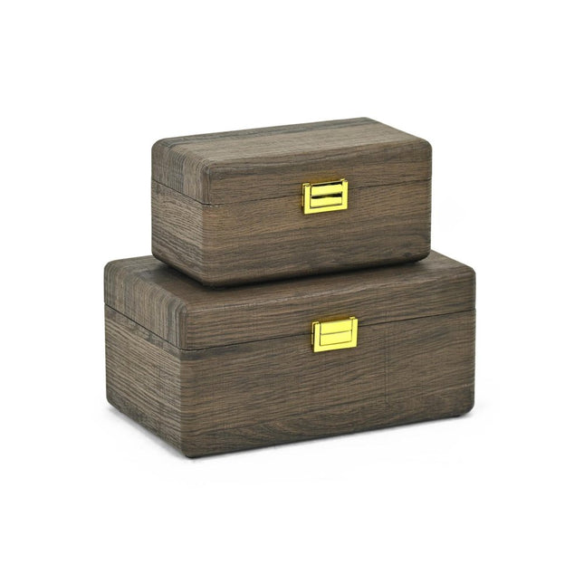 Set of Two Dark Brown Wood Hand Painted Decorative Box