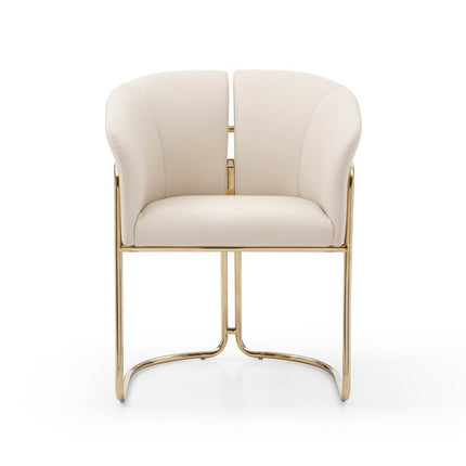 Beige and Gold Faux Leather and Metal Partially Open Back Dining Arm Chair