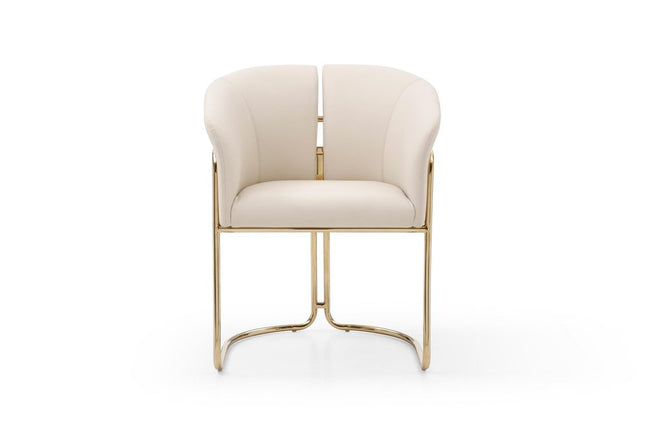 Beige and Gold Faux Leather and Metal Partially Open Back Dining Arm Chair HomeRoots
