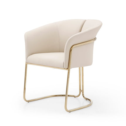 Beige and Gold Faux Leather and Metal Partially Open Back Dining Arm Chair