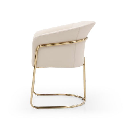 Beige and Gold Faux Leather and Metal Partially Open Back Dining Arm Chair