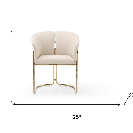 Beige and Gold Faux Leather and Metal Partially Open Back Dining Arm Chair