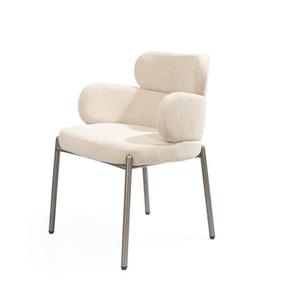 Beige and Gunmetal Boucle and Steel Dining Arm Chair
