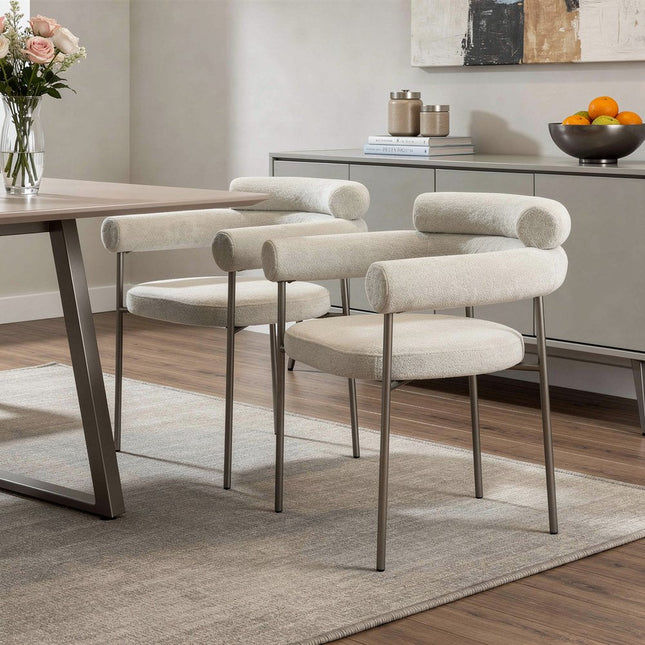 Set of Two Light Gray and Gunmetal Boucle and Stainless Steel Open Back Dining Arm Chairs HomeRoots