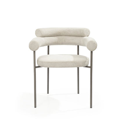 Set of Two Light Gray and Gunmetal Boucle and Stainless Steel Open Back Dining Arm Chairs
