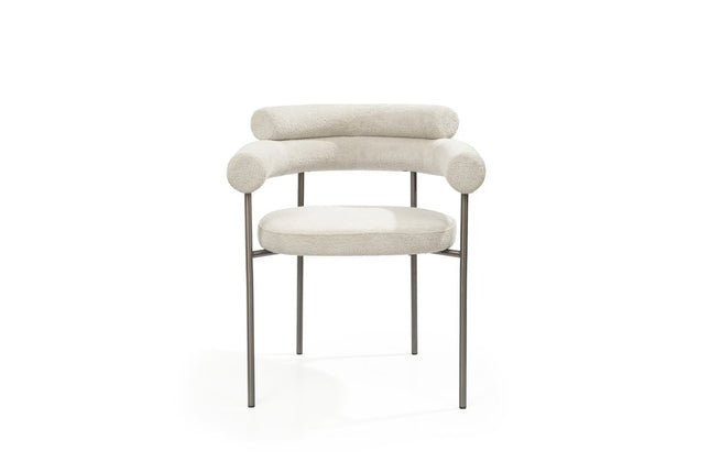 Set of Two Light Gray and Gunmetal Boucle and Stainless Steel Open Back Dining Arm Chairs HomeRoots