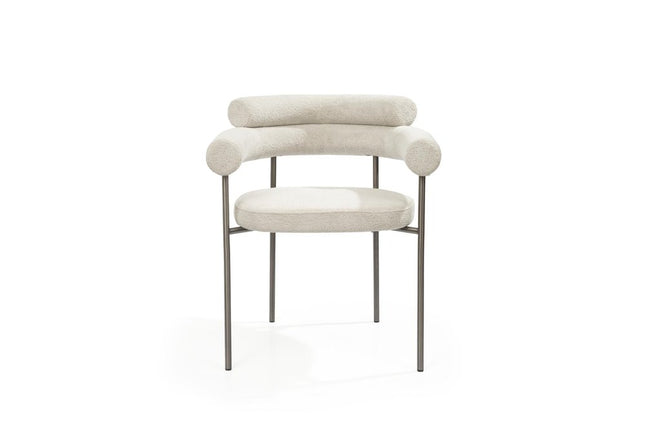 Set of Two Light Gray and Gunmetal Boucle and Stainless Steel Open Back Dining Arm Chairs HomeRoots