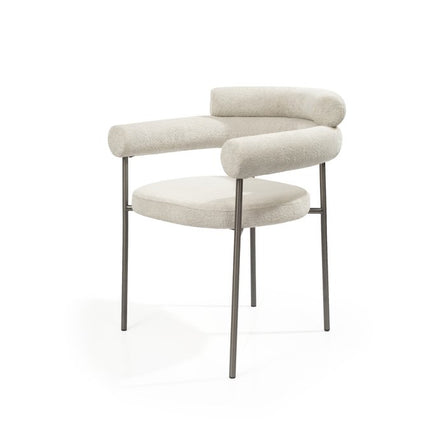 Set of Two Light Gray and Gunmetal Boucle and Stainless Steel Open Back Dining Arm Chairs