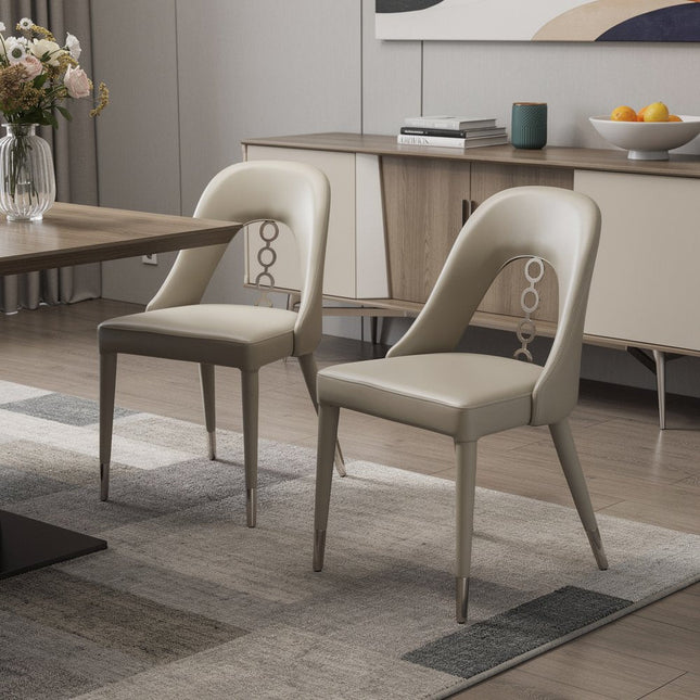 Set of Two Gray and Silver Faux Leather and Stainless Steel Dining Side Chairs HomeRoots