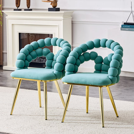 Set of Two Teal Blue and Gold Velvet Dining Side Chairs