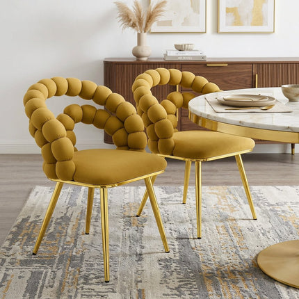 Set of Two Yellow and Gold Velvet Dining Side Chairs