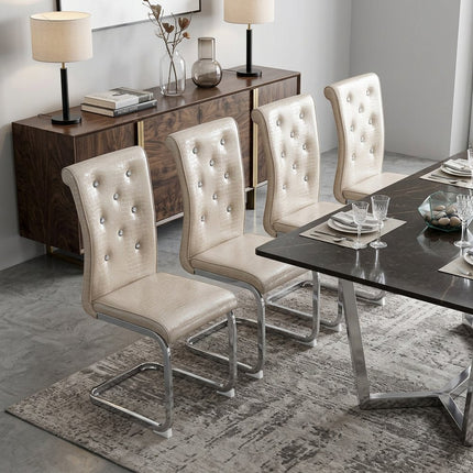 Set of Four Beige and Silver Faux Leather Dining Side Chairs