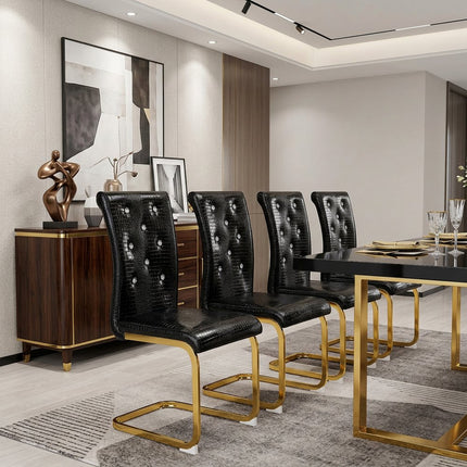 Set of Four Black and Gold Faux Leather Dining Side Chairs