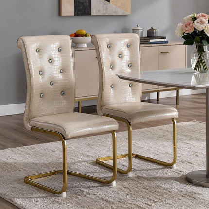 Set of Two Beige and Gold Faux Leather Dining Side Chairs