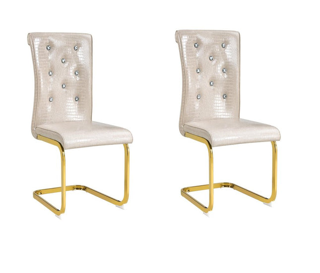Set of Two Beige and Gold Faux Leather Dining Side Chairs HomeRoots